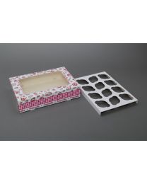 61000004 - Kartonnen cupcakedoos met venster voor 12 cupcakes - cupcakes print - 360x250x80mm