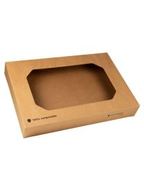 Composteerbare kartonnen cateringdozen - kraft - groot model met PLA-venster -56x38x8cm